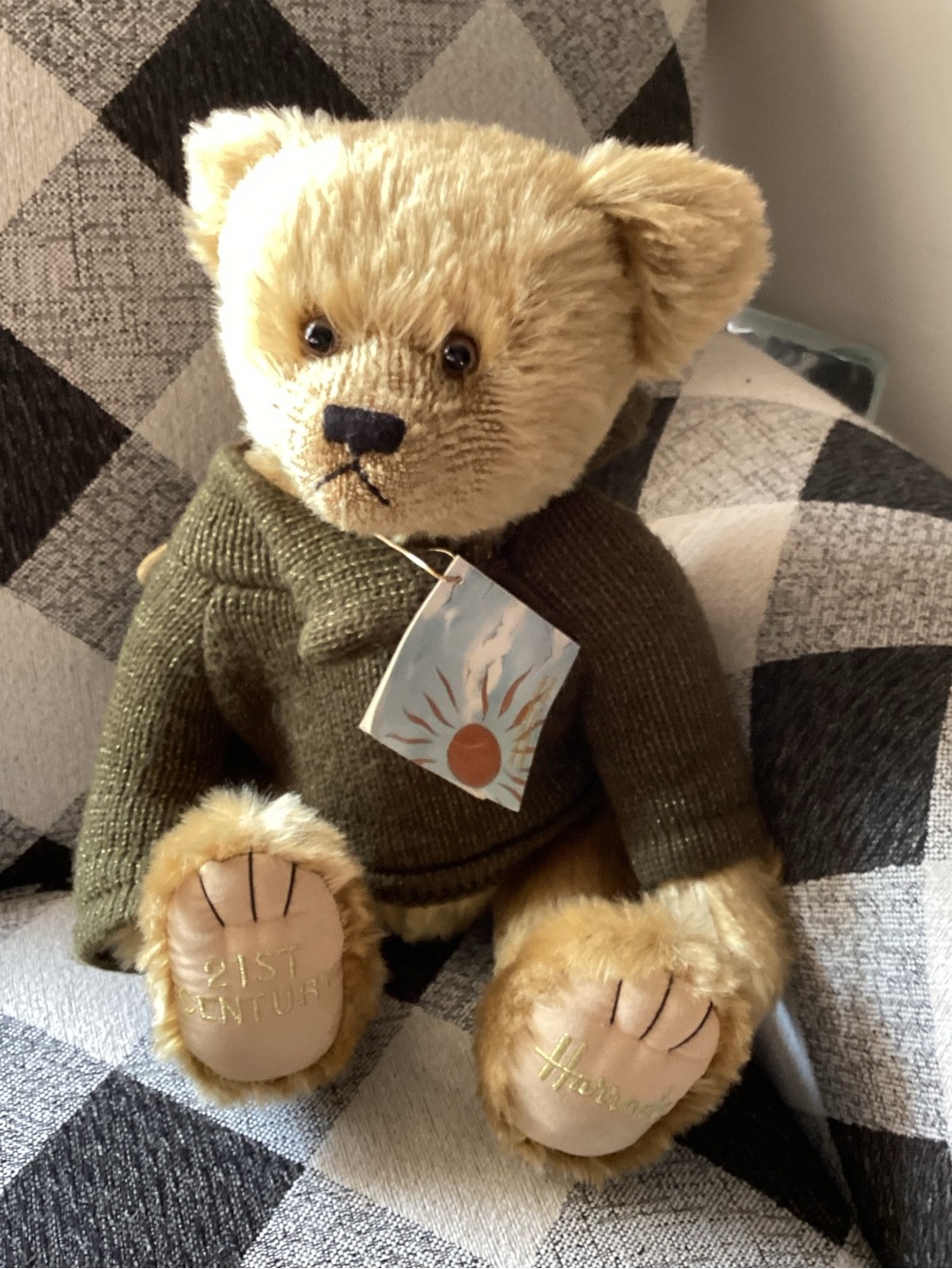 Harrods 21st Century tan teddy bear with olive green sweater gold logo